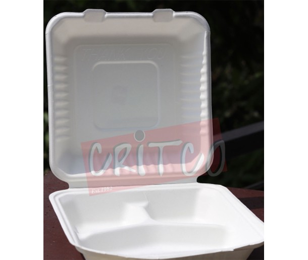 8X8 Bagasse 3Comp Hinged Container-White