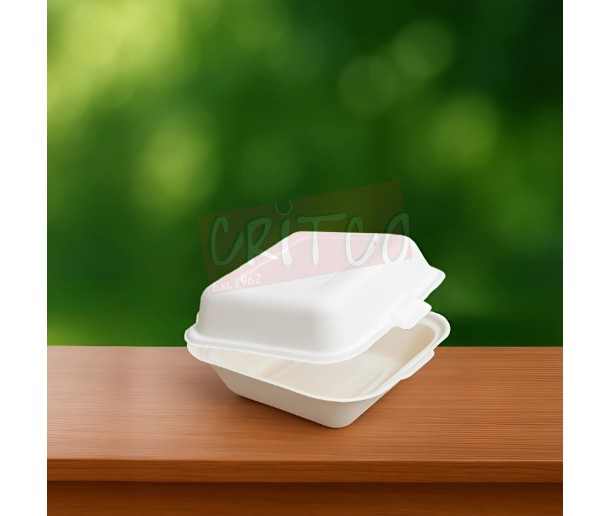 6X6X3.5 inch Bagasse Burger Box-White