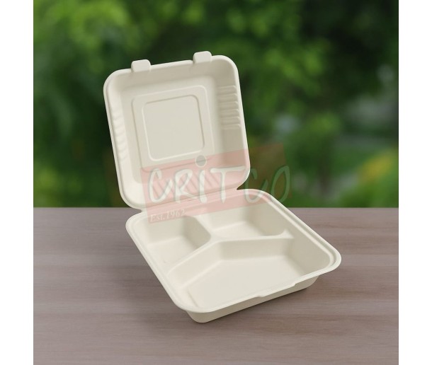 8x8 Bagasse 3Comp Hinged Container-White