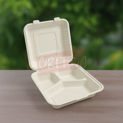 8x8 Bagasse 3Comp Hinged Container-White