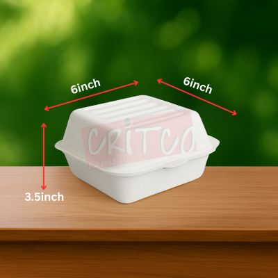 6X6X3.5 inch Bagasse Burger Box-White