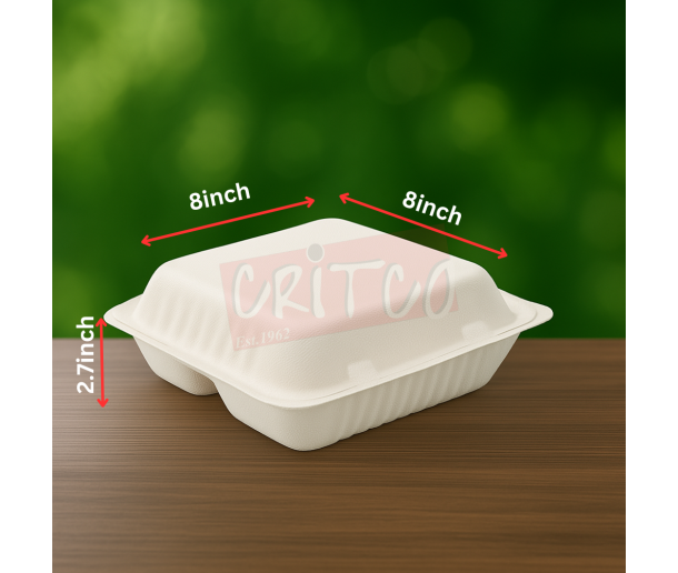8x8 Bagasse 3Comp Hinged Container-White