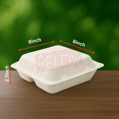 8x8 Bagasse 3Comp Hinged Container-White