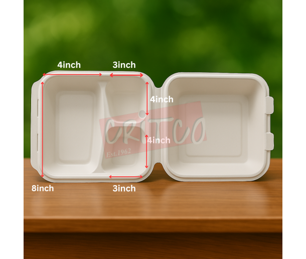 8x8 Bagasse 3Comp Hinged Container-White