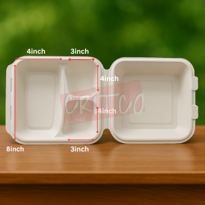 8x8 Bagasse 3Comp Hinged Container-White